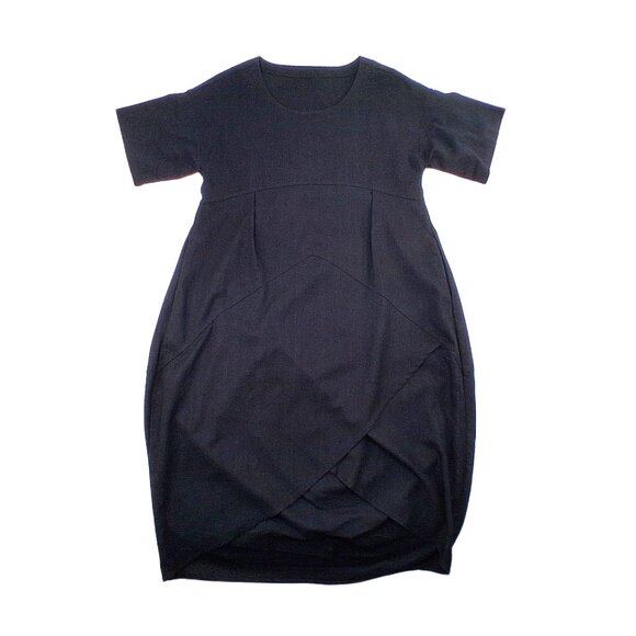 Black Linen Blend  Dress Barrel Tulip Skirt Short Sleeve Scoop Neck Pockets SZ M - Picture 5 of 13